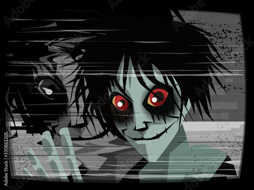 creepypasta horror character with red eyes on tv