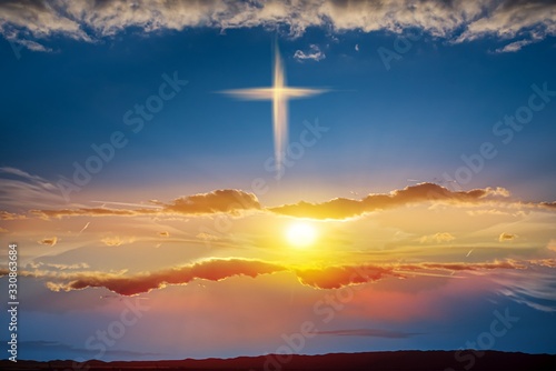 Obraz na płótnie Heavenly Cross . Religion symbol shape . Dramatic nature background . Glowing cross in sky . Happy Easter. Light from sky . Religion background . Paradise heaven . Light in sky . w salonie