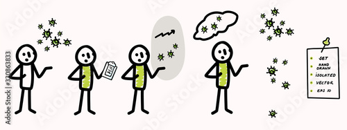 Corona virus covid 19 stickman explainer infographic. Viral spread news broadcast alert. Educational graphic design clipart. Icon set in color and black white. Vector flu safety caution awareness.  