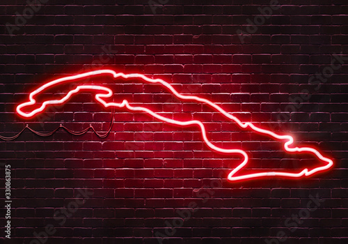 Photography Neon sign on a brick wall in the shape of Cuba