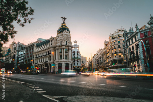 Madrid, cityscape at Calle de Alcala and Gran Via at sunset with traffic lights. The center of the city. Spain photo