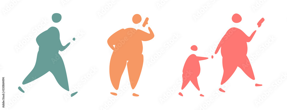Set of silhouettes of people, abstract doodles. Adult overweight and obese people walking, talking, holding child by hand, looking at the phone, using phone, running, exercising. 