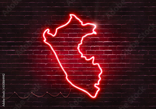 Neon sign on a brick wall in the shape of Peru.(illustration series)
