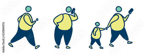 Set of silhouettes of people, abstract doodles. Adult overweight and obese people walking, talking, holding child by hand, looking at the phone, using phone, running, exercising. 