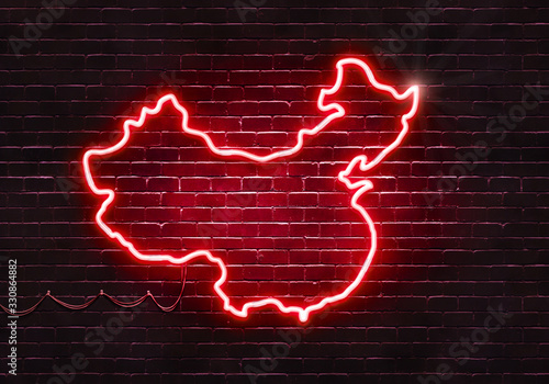 Neon sign on a brick wall in the shape of China.(illustration series)