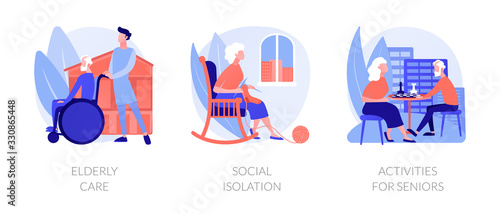 Senior people support flat icons set. Pensioners loneliness problem. Elderly care, social isolation, activities for seniors metaphors. Vector isolated concept metaphor illustrations.