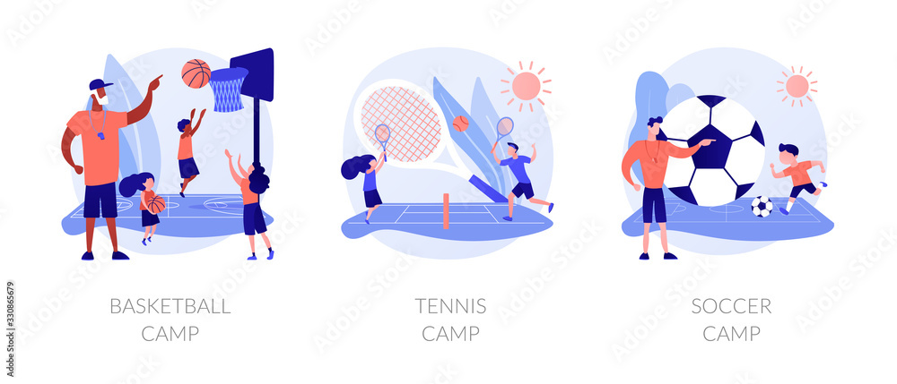 Physical activity classes flat icons set. Professional sportsman training courses. Basketball camp, tennis camp, soccer camp metaphors. Vector isolated concept metaphor illustrations.
