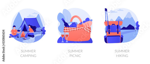 Outdoor leisure activity flat icons set. Backpacking and trekking holiday on nature. Summer camping, summer picnic, summer hiking metaphors. Vector isolated concept metaphor illustrations.