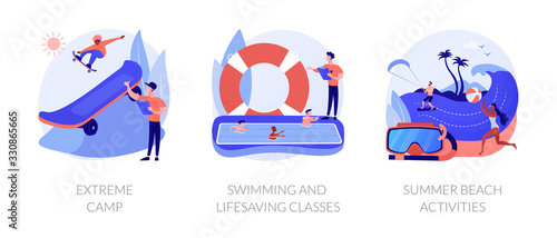 Active hobby and recreation flat icons set. Summer leisure. Extreme camp, swimming and lifesaving classes, summer beach activities metaphors. Vector isolated concept metaphor illustrations.