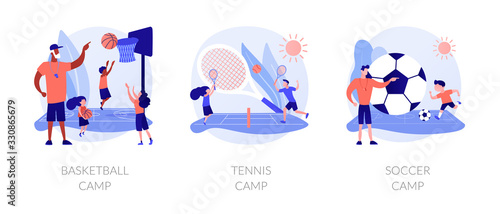 Physical activity classes flat icons set. Professional sportsman training courses. Basketball camp, tennis camp, soccer camp metaphors. Vector isolated concept metaphor illustrations.
