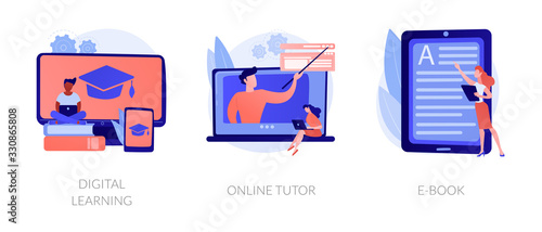 Internet school graduation, professional teacher service, electronic book device icons set. Digital learning, online tutor, e-Book metaphors. Vector isolated concept metaphor illustrations