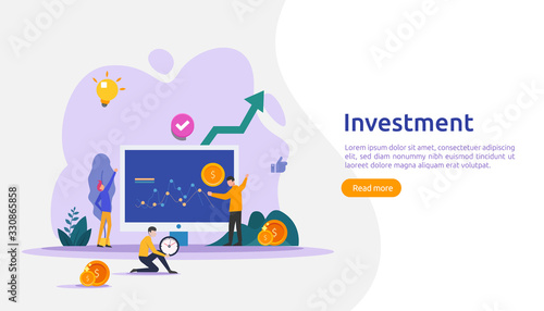 Business investment concept. dollar pile coin, people character, money object. graphic chart increase. Financial growth rising up to success. flat design landing page template vector illustration