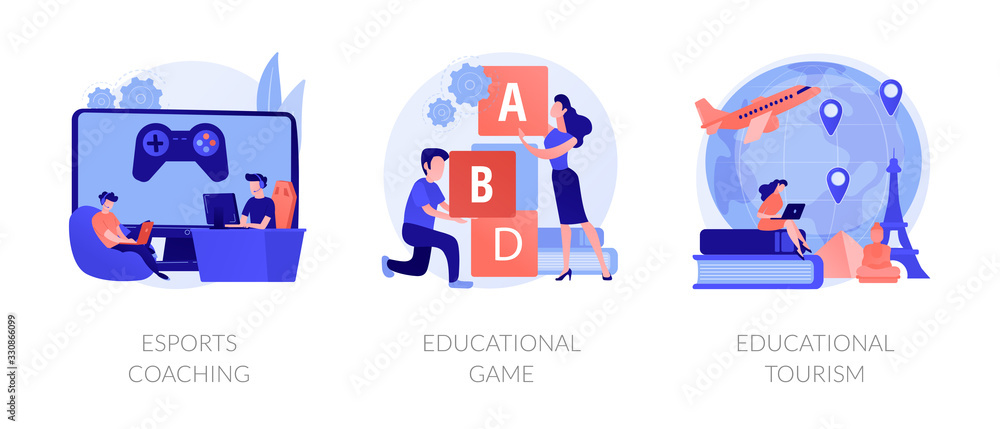 Fototapeta Cyber sport training, entertaining studying, worldwide travel icons set. Esports coaching, educational game, educational tourism metaphors. Vector isolated concept metaphor illustrations