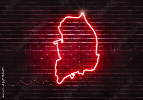 Neon sign on a brick wall in the shape of South Korea.(illustration series)
