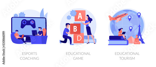 Cyber sport training, entertaining studying, worldwide travel icons set. Esports coaching, educational game, educational tourism metaphors. Vector isolated concept metaphor illustrations