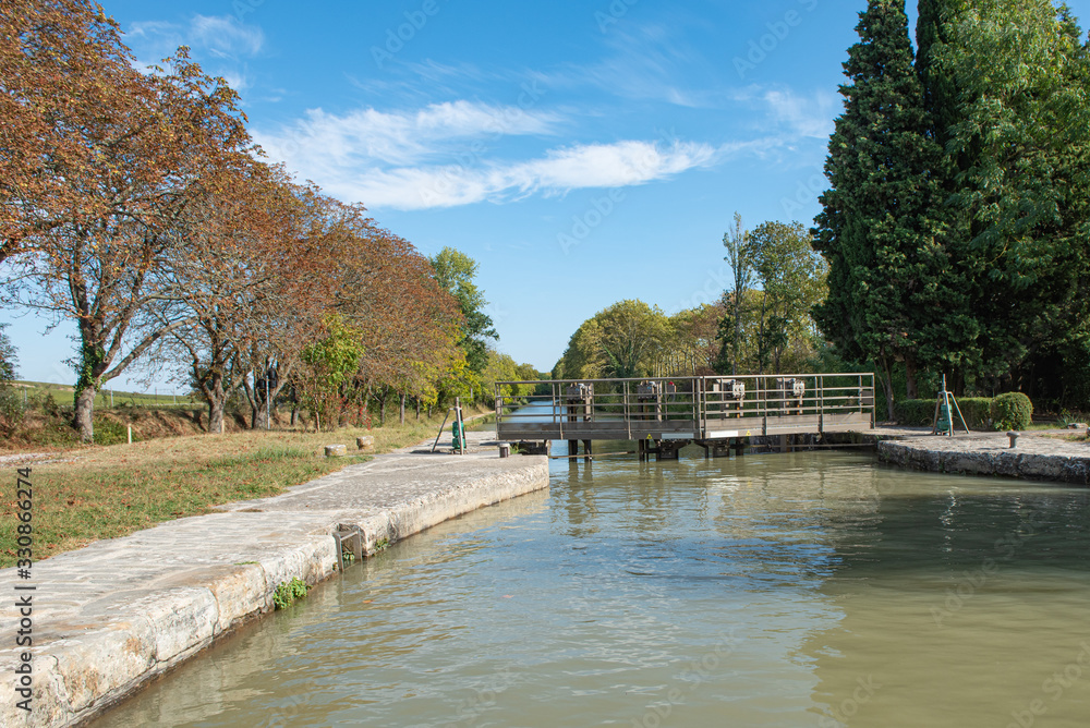 View of a lock on the Channel of Midi, Carcassonne, France