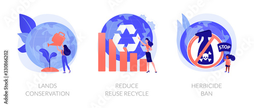 Plants growing, nature protection, natural fertilizers use. Lands conservation, RRR - reduce reuse recycle, herbicide ban metaphors. Vector isolated concept metaphor illustrations.