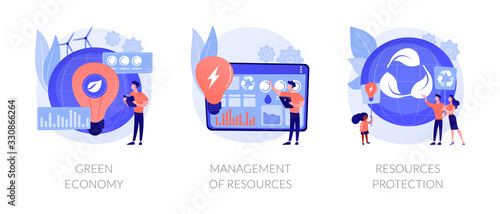 Eco friendly technologies flat icons set. Alternative energy, waste recycling. Green economy, management of resources, resources protection metaphors. Vector isolated concept metaphor illustrations