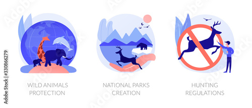 Wildlife defence, fauna care, environmental conservation. Wild animals protection, national parks creation, hunting regulations metaphors. Vector isolated concept metaphor illustrations.