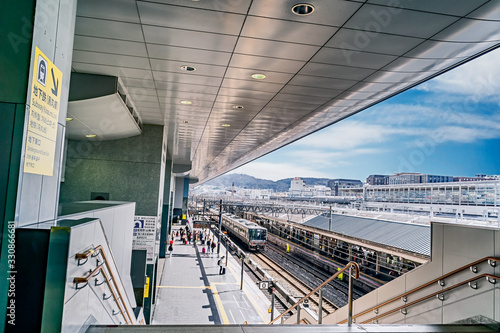 Minato City, Tokyo/Japan - February 29, 2020: A fairly empty Shinagawa Train Station in Minato City, Tokyo, Japan during the Covid-19 pandemic outbreak.