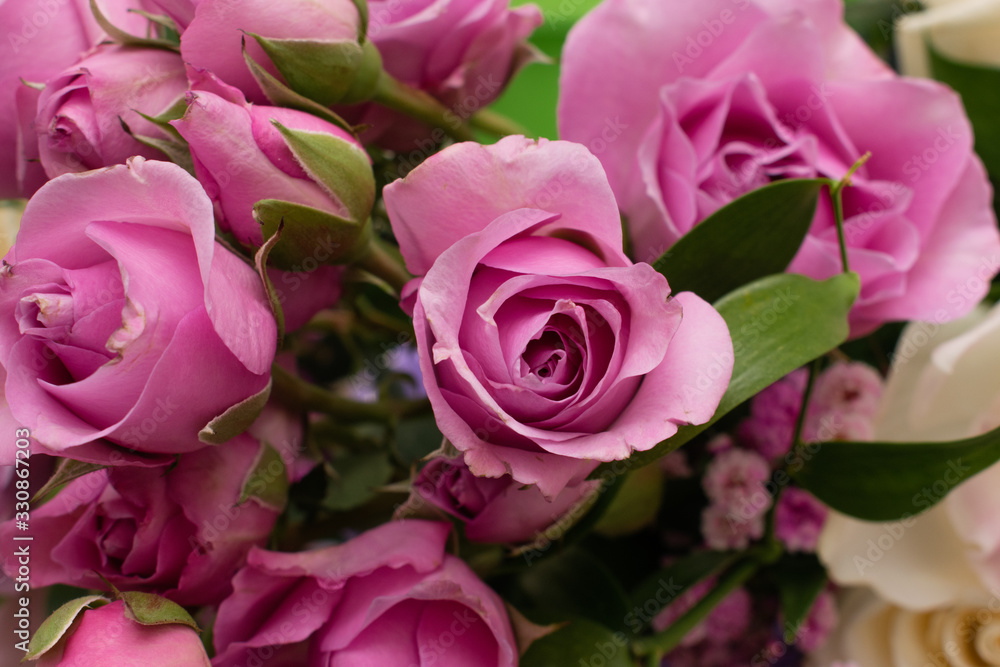  Pink Bush roses close up in the wedding bouquet.Selective focus.