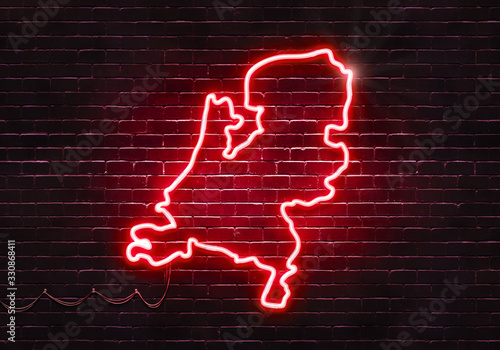 Neon sign on a brick wall in the shape of Netherlands.(illustration series)