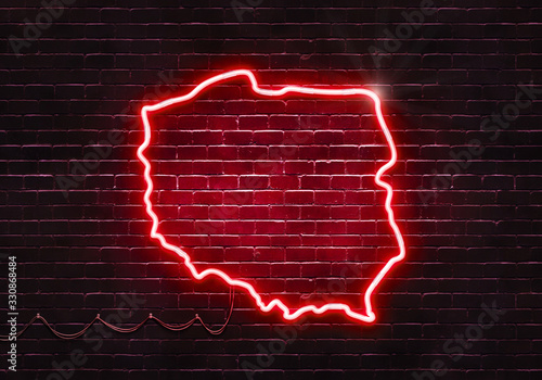 Neon sign on a brick wall in the shape of Poland.(illustration series)