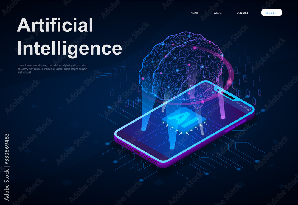 Artificial Intelligence or AI concept with a network style brain suspended above a digitial device beaming down data to the screen, vector illustration Artificial Intelligence or AI concept with a network style brain suspended above a digitial device beaming down data to the screen, vector illustration