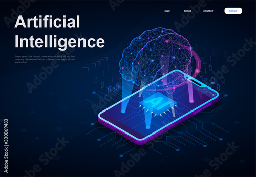 Artificial Intelligence or AI concept with a network style brain suspended above a digitial device beaming down data to the screen, vector illustration
