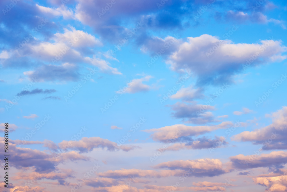 Cumulus pink clouds on sunset sky background, copy space for text