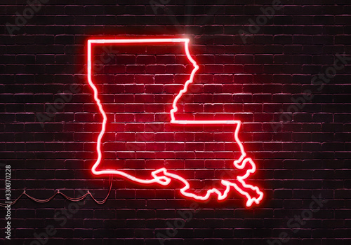 Neon sign on a brick wall in the shape of Louisiana.(illustration series)
