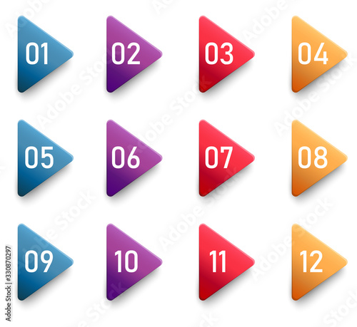 Arrow bullet point triangle flags with colorful gradient. Vector