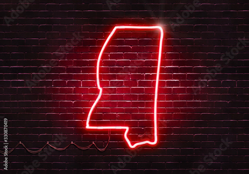 Neon sign on a brick wall in the shape of Mississippi.(illustration series)