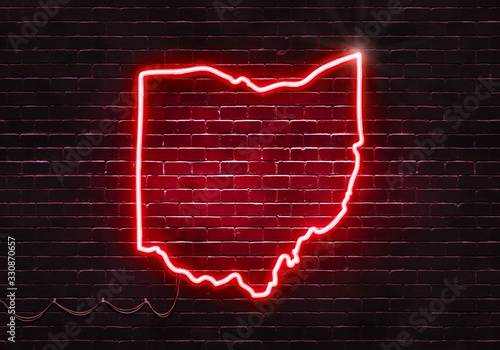 Neon sign on a brick wall in the shape of Ohio.(illustration series) photo