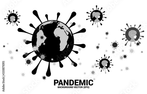 World Globe in covid 19 virus shape and particle of Corona virus background. Concept for global outbreak and pandemic.