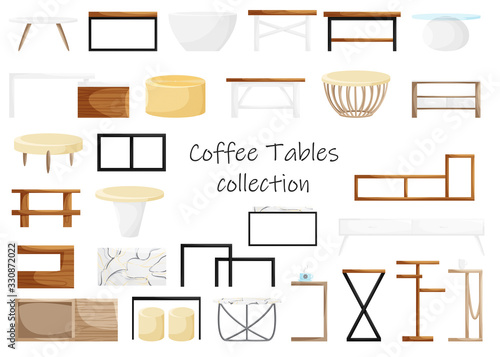 Vector design concept of coffee table collection isolated on white background. Home furniture in cartoon flat style. Desk with glass, wooden, marble textures. Interior elements in realistic loft style