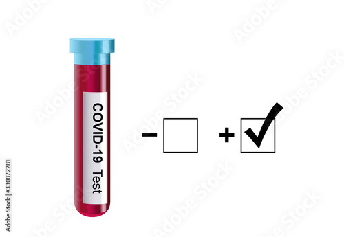 Corona-Virus Covid-19 Test, Ergebnis positiv,  Kanüle mit Blut, Vektor Illustration isoliert auf weißem Hintergrund