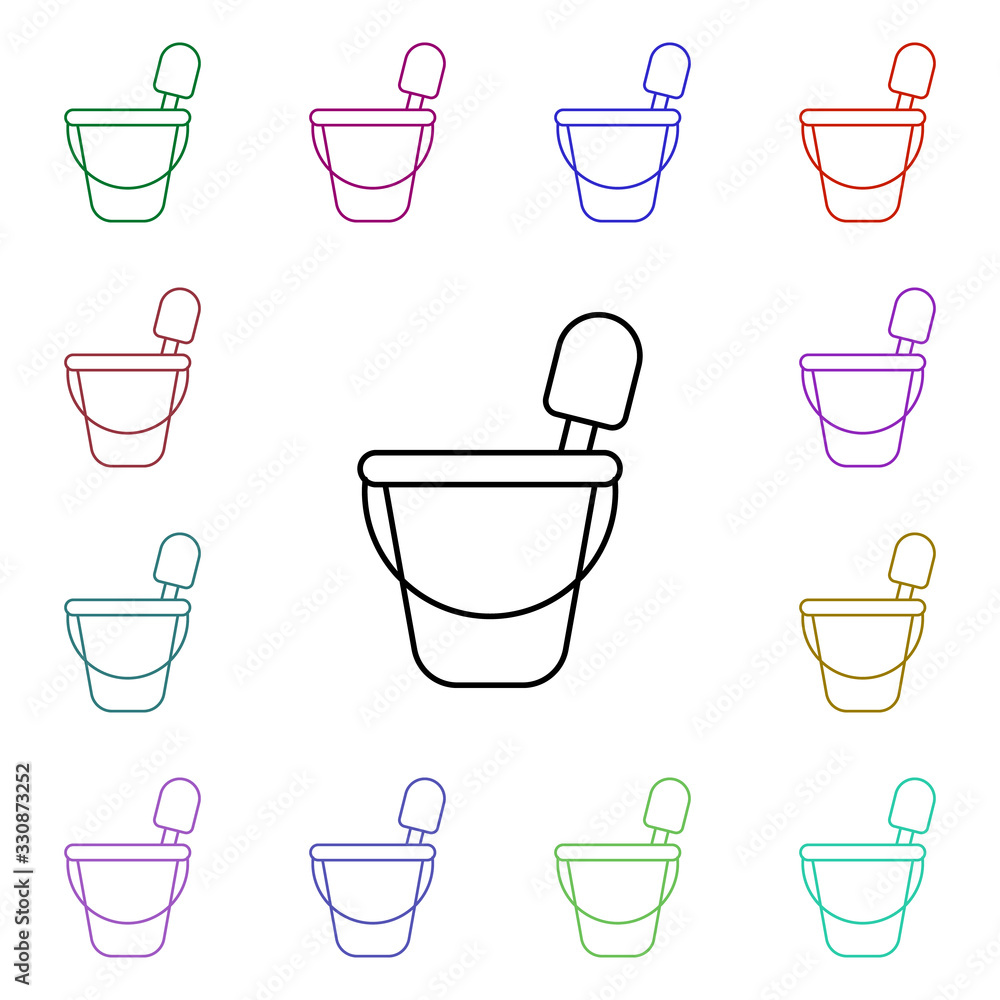 Bucket and spatula line multi color style icon. Simple thin line, outline vector of toys icons for ui and ux, website or mobile application Bucket and spatula line multi color style icon. Simple thin line, outline vector of toys icons for ui and ux, website or mobile application
