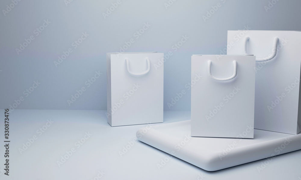 3d rendered shopping bags on smartphone mock up background, online shopping illustration, mock up.