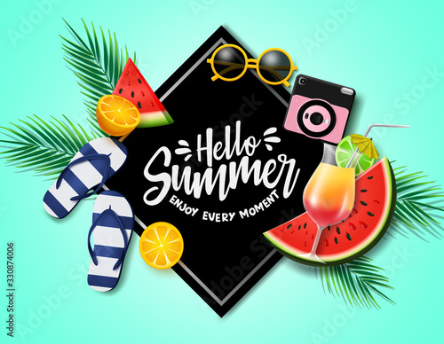 Hello summer in black frame vector banner template. Hello summer text with beach and tropical fruits element like flip flop, sunglasses, camera, water melon, calamansi and orange in green background. 