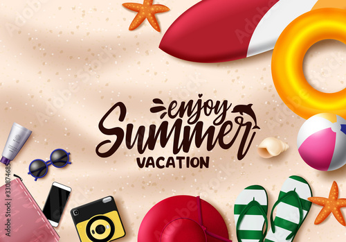 Enjoy summer vacation vector banner template. Summer vacation text in sand with space and beach element like hat, surf board, beach ball, flip flop and floaters for tropical season. 