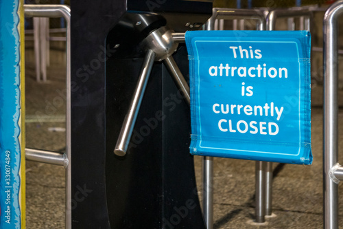 Картината върху платно Sign at amusement/theme park attraction turnstile entrance: This attraction is