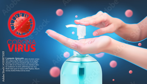 Woman hands using wash hand sanitizer gel dispenser, against coronavirus.