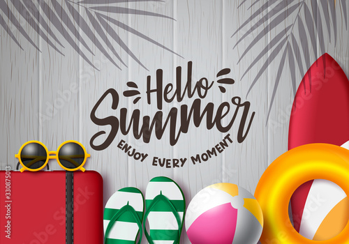 Hello summer vector background template. Hello summer enjoy every moment text in wood with beach and travel elements like luggage, sunglasses, beach ball, floater, surfboard and beach ball.