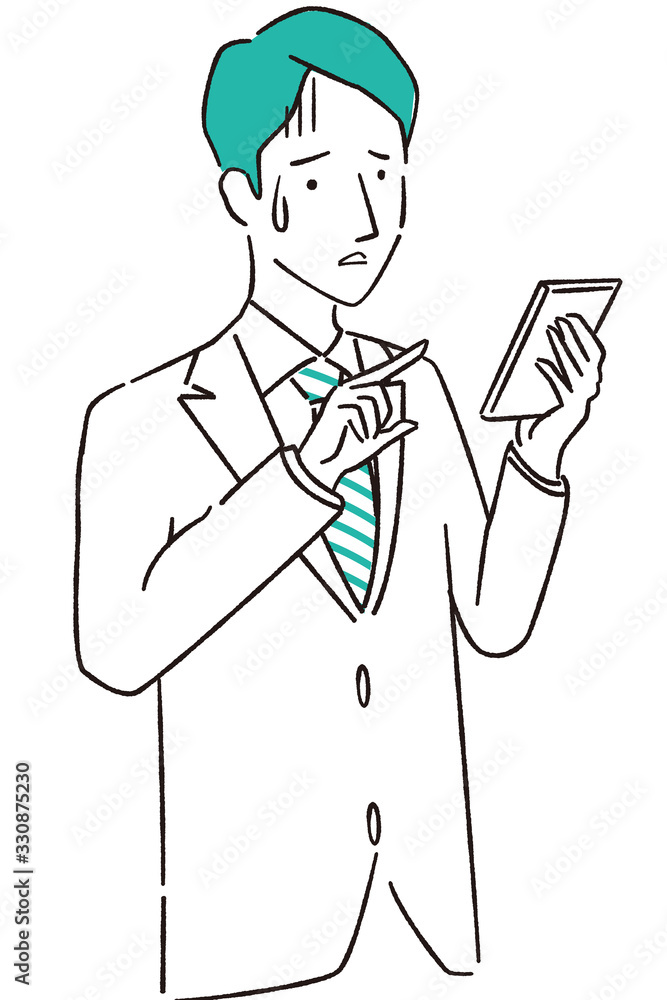 手描き1color スーツの男性　スマホ操作不安
