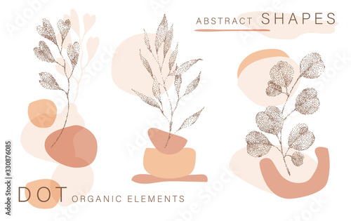 Abstract poster background minimal shapes, half tone leaves dot design elements, leaf. Vector Art print, terracota shapes. Creative digital illustration for minimalism, hipster, scandinavian design