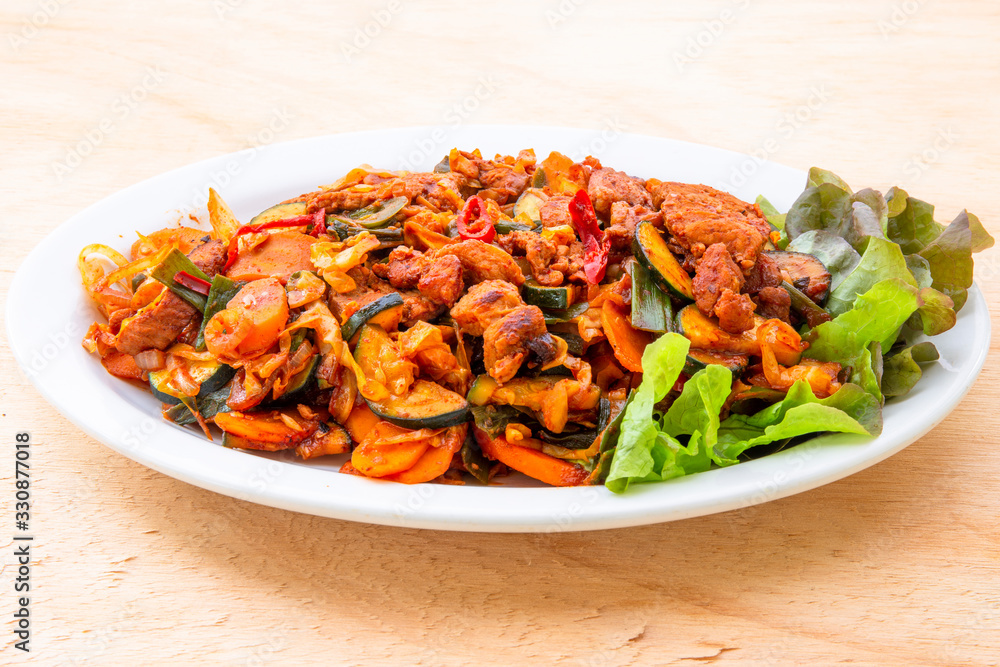 Stir fried with pork and vegetables sprinkle sesame seeds Stir fried with pork and vegetables sprinkle sesame seeds