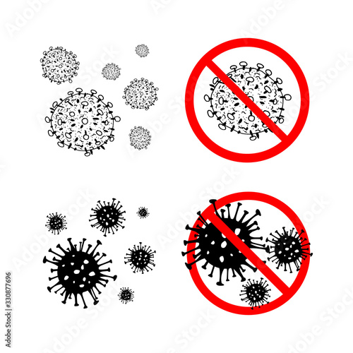 Set of 4 2019-nCoV bacteria isolated on white background. few Coronavirus in red circle vector Icon. COVID-19 bacteria corona virus disease sign. SARS pandemic concept symbol. Pandemic. Human health .