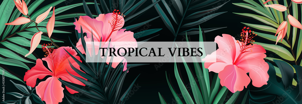 Obraz premium Botanical hibiscus and royal luxury palm exotic floral banner, wide horisontal background. Realistic vector advertising illustration