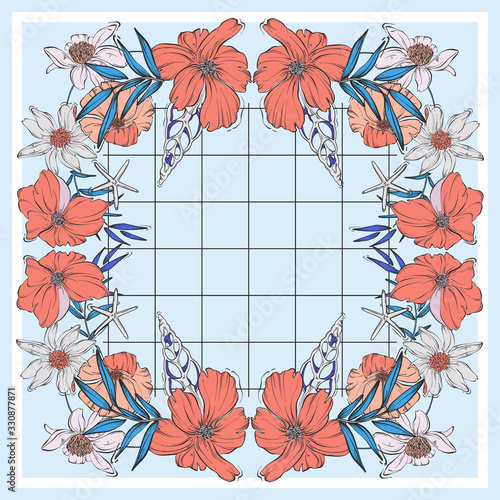 Foral red poppy scarf geometric design with basic lines, leaves, branches. Wild garden bloom frame pastel design. Square nature vintage illustration, paisley print. Vector